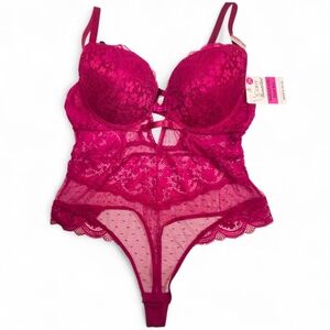NEW Curve Necessities 2X Red Sheer Lace Bodysuit w/ Demi Bra & Thong Back